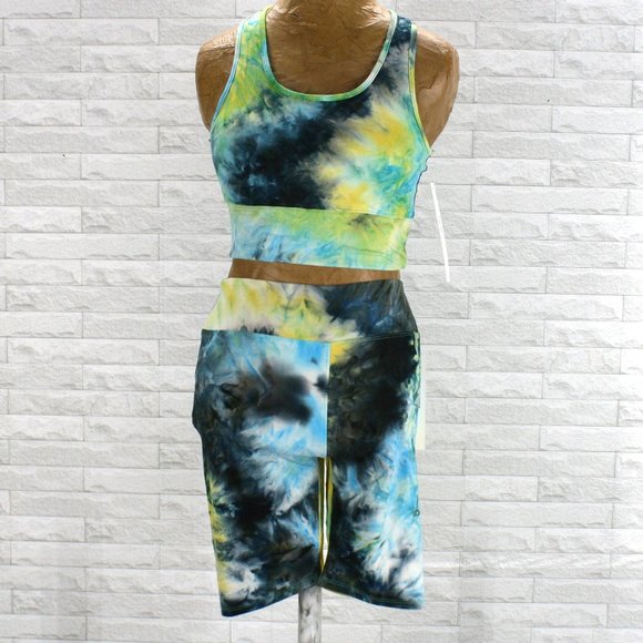 NEW FASHION Set Workout Activewear Biker Shorts Blue Tie Dye Large X-Large - Picture 1 of 11